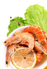 shrimps, lemon and lettuce leaves
