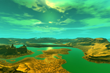 Fototapeta na wymiar 3D rendered fantasy alien planet. Sunset of a sun