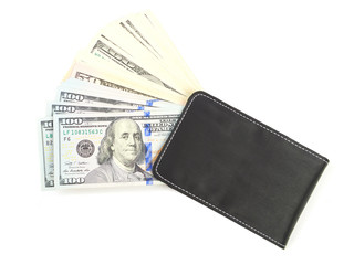 Black leather wallet with dollars. Isolated on white