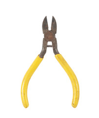 Old and dirty pliers yellow on white background