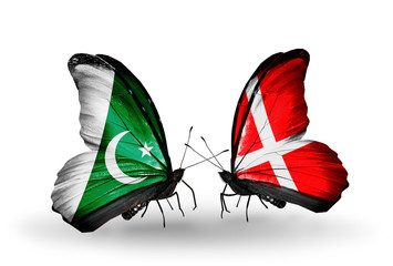 Two butterflies with flags Pakistan and Denmark