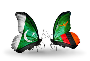 Two butterflies with flags Pakistan and Zambia