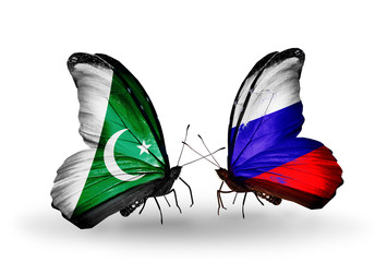 Two butterflies with flags Pakistan and Russia