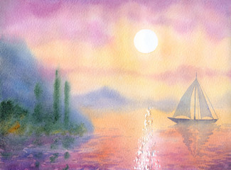 Obrazy na Szkle  Akwarela krajobraz. Żaglówka na morzu spokojny wieczór