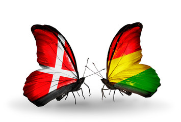 Two butterflies with flags Denmark and Bolivia