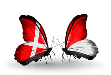 Two butterflies with flags Denmark and Monaco, Indonesia