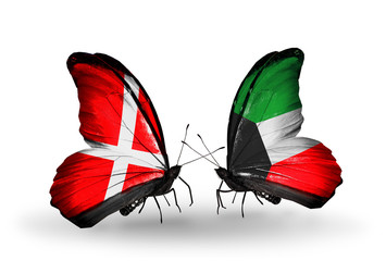 Two butterflies with flags Denmark and Kuwait