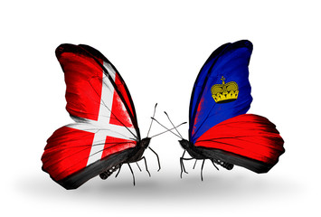 Two butterflies with flags Denmark and  Liechtenstein