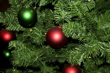 Green Christmas tree with baubles (background, wallpaper)