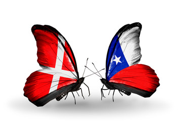 Two butterflies with flags Denmark and Chile