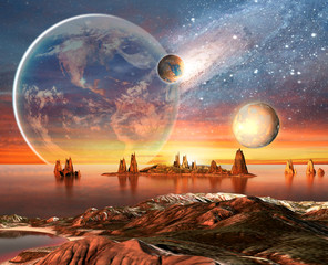 Alien Planet With Earth Moon And Mountains - 75717645