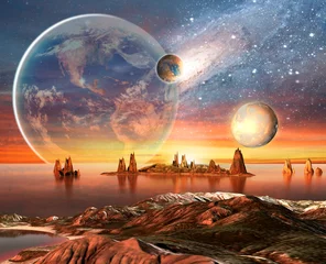 Photo sur Plexiglas Chambre à coucher Planète extraterrestre avec la lune et les montagnes de la terre