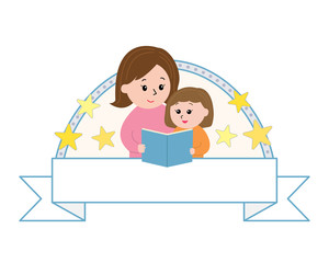 A woman reading to a girl, star background and white ribbon