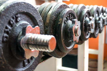 Line of dumbbells in the gym