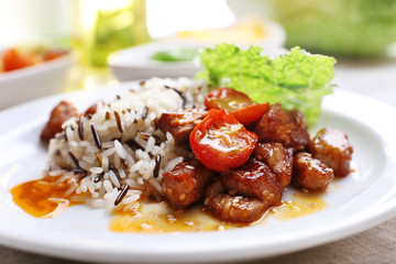Tasty rice served on table, close-up