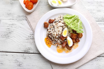 Tasty rice served on table, close-up