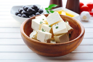 Feta cheese on table