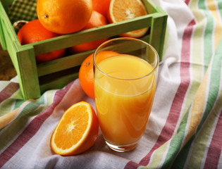 Glass of orange juice with crate