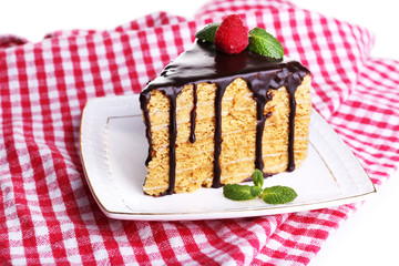 Chocolate cake on napkin, close-up