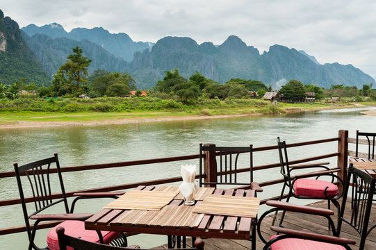 view of Nam Song River with Dining Table at Vang Vieng, Laos