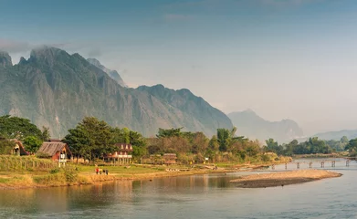 Foto op Canvas Landscape of Nam Song River in morning ,Vang Vieng, Laos © worldwide_stock