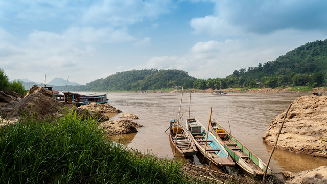 Nam Song River in Laos.Vang Vieng Landscape.Boats park at rivers