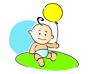 Small baby playing with a yellow balloon