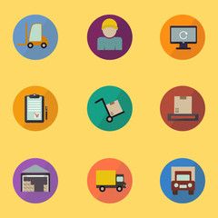 Warehouse transportation and delivery icons flat set