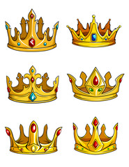 Golden royal crowns decorated with gemstones