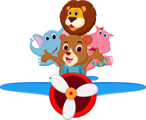 Funny cartoon animals riding a plane