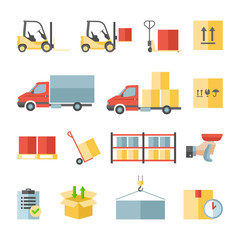Warehouse transportation and delivery flat icons set