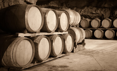 Vintage toned photo  of  winery cellar
