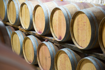 Rows of   wooden barrels