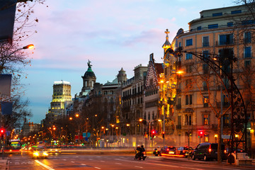 Passeig de Gracia  in winter dawn. Barcelona, Spain - obrazy, fototapety, plakaty