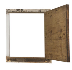 Window frame with old wooden hatch isolated on white 