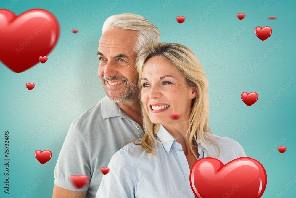 Poster composite image of happy couple smiling and embracing