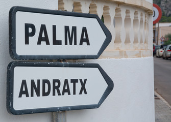 Road sign Palma Andratx. Sant Elm, Mallorca, Spain.