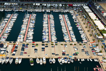  aerial view of yachts at Port Olimpic. Barcelona