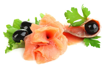 Sliced and rolled salmon, black olive and herbs isolated