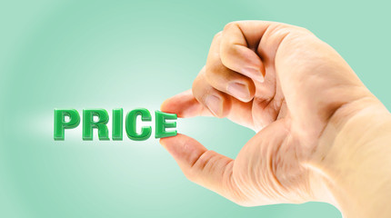 Man's Finger picking " Price " word on light green background,Bu