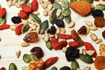 mix nuts seeds and dry fruits, on a wooden table
