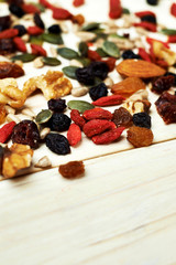 mix nuts seeds and dry fruits, on a wooden table