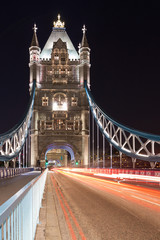 Tower Bridge and car lights trail in London, UK