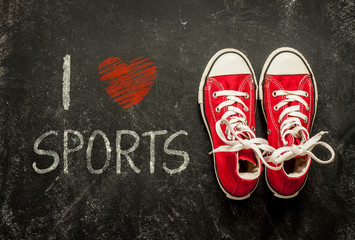 I love sports - poster design. Red sneakers on black.