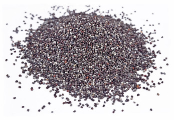 Heap of poppy seeds on a white