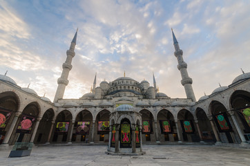 Fototapeta na wymiar Welcome to Blue Mosque at dawn-exhibition decoration, Istanbul,