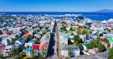 Beautiful super wide-angle aerial view of Reykjavik, Iceland - obrazy, fototapety, plakaty