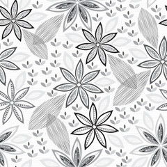 Monochrome seamless pattern of abstract flowers.