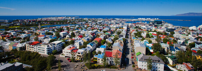 Beautiful super wide-angle aerial view of Reykjavik, Iceland