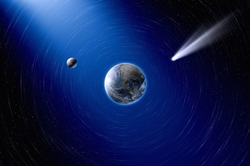 Earth, moon and comet